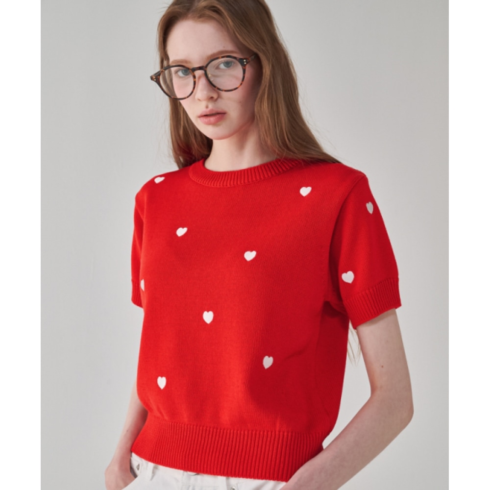 ロンロンハート柄半袖ニットレッド