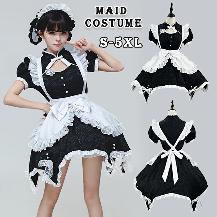 【大人気N0.1】メイド服 可愛い ロリータ コスプレ チャイナ 半袖 フリル ウェイトレス レディース エプロン 黒 ブラック スカート ワンピース カチューシャ 仮装 変装 ハロウィン 衣装 女子