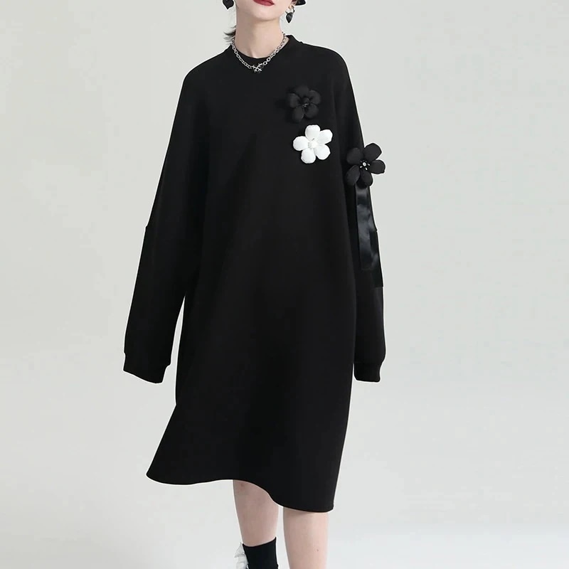 JFashion 花飾り ワンピ スウェット ゆる 長袖 体型カバー クローバー シンプル レディース ワンピース 日焼け止め ドレス メガ割 福袋 T
