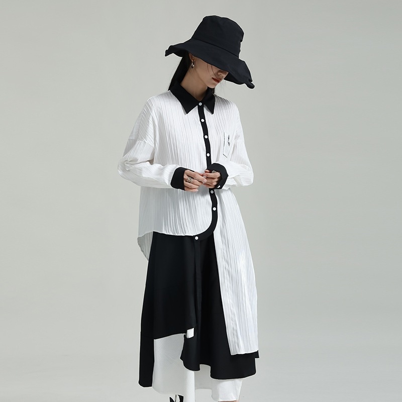 日系人気暗黒風不規則ロングシャツ2024単列ボタンが色シャツ長袖