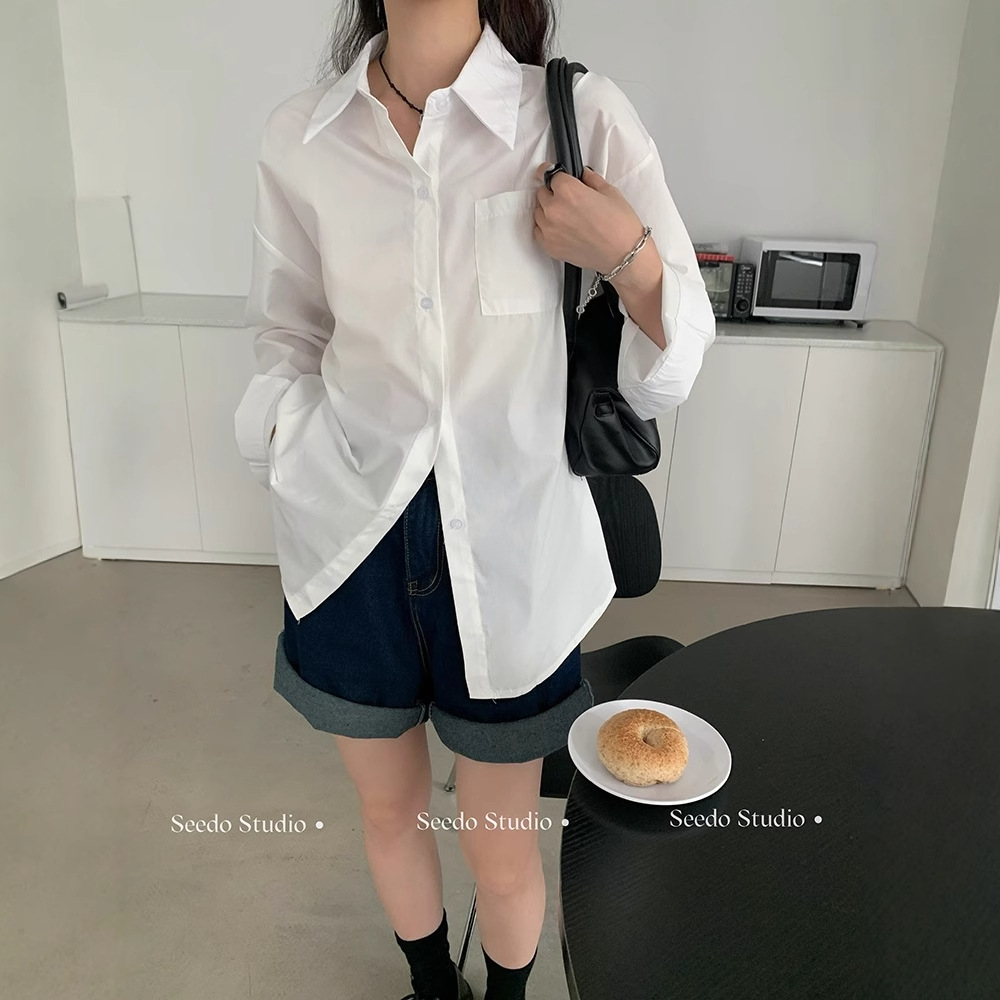デザイン ホワイト長袖シャツ レディース ゆったり スリム 羽織り ブラウス909