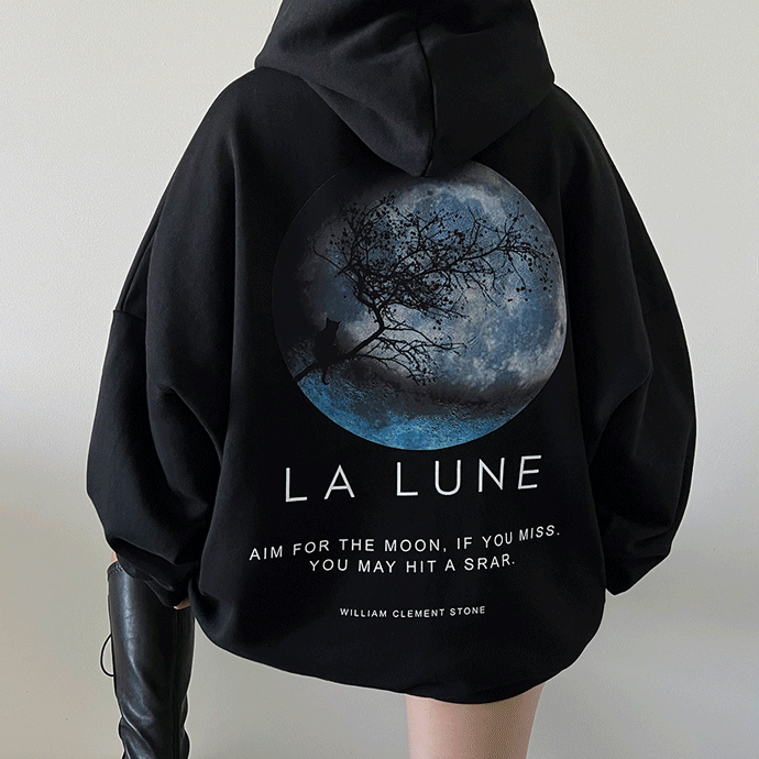 unisex 韓国 (男女共用/綿/起毛選択//99) ボックス オーバーフィット 猫 月 ビッグプリンティング フードTシャツ 3color