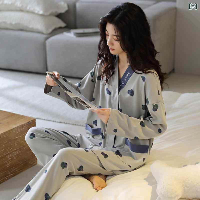 ワイドレッグ　パンツ　レディース 女性用 パジャマ 2025 春 綿 長袖 レディース 秋 夏 高級 ブルーベリー 家庭 服 春秋