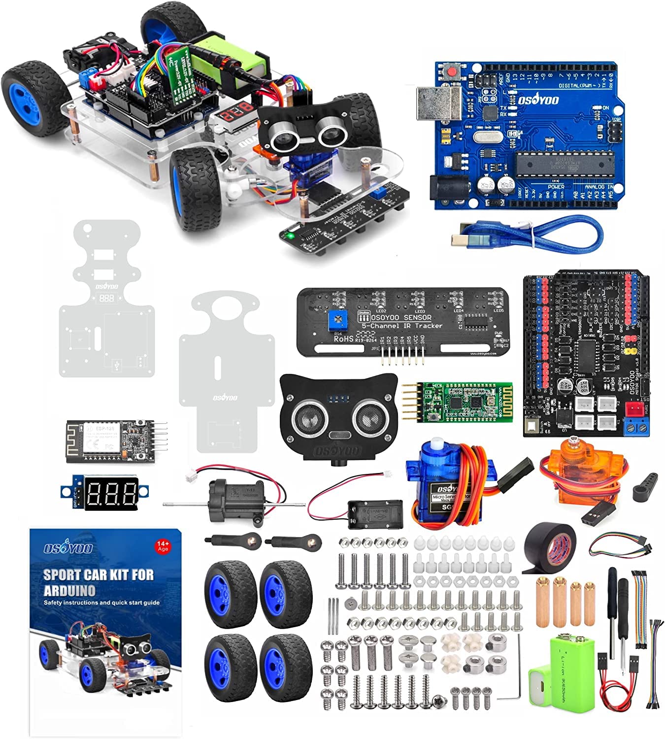 OSOYOO Arduino用 アルドゥイーノ UNO ロボット カー スマートカー キット サーボ ステアリング ラック DIY キット Bluetooth 模擬運転 Wi-Fi IOT オートドラ