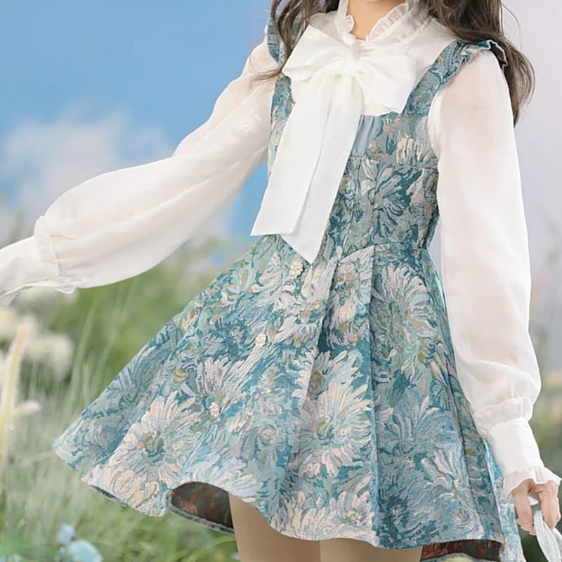 韓国ファッション 花柄 ワンピース ミニ ジャンパースカート レディース サロペットスカート 春服 油絵風 ロリータ 文化祭 撮影服 演出服 デート