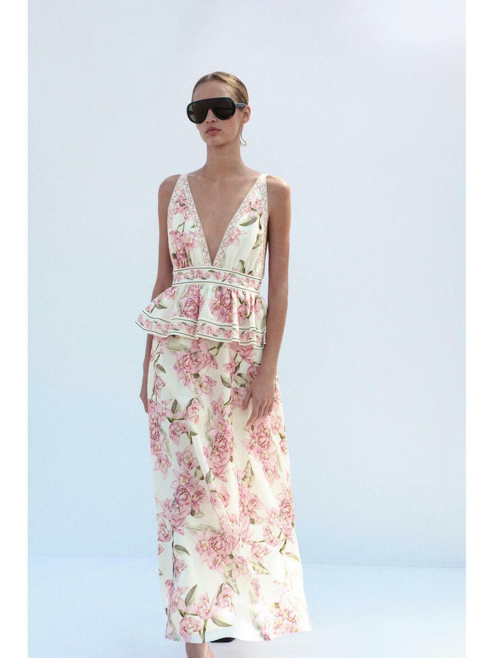 H&M リネンブレンドペプラムドレスクリームフローラル 1341273001