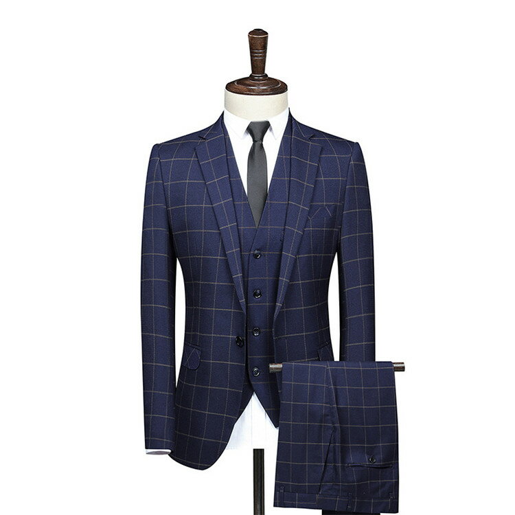オシャレスーツスリムスーツチェックスーツメンズカジュアルスーlツ3ピースビジネスフォーマル仕事大人落ち着いたパーティー結婚式宴会通勤面接卒業式入学式小さいサイズ大きいサイズネイビー