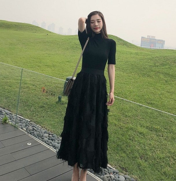 トップス スカート セットアップ カットソー フレアスカート ミモレ ミモレ丈 アンクル丈 7分丈 袖あり 5分袖 五分袖 ハイネック セミフレア ウエストゴム 上下セット かわいい 大人可愛い