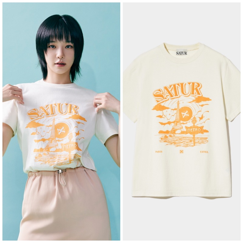 【SATUR】(W) PARIS METRO GRAPHIC T-SHIRT : CREAM ORANGE