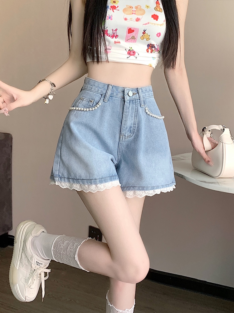 【1点ご購入 で10点プレゼントいたします】甘辛デニムショートパンツ女性ハイウエストスリムワイド脚見せA字オールマイティー小柄釘ビーズレース