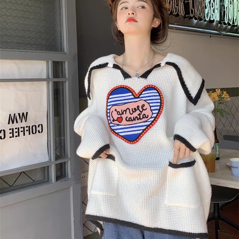 ワッフルニットセーター ビックカラー ハート ニット セーター ルーズ トップス レディース 韓国 ファッション ロゴ ワンポイント 秋冬 a5046