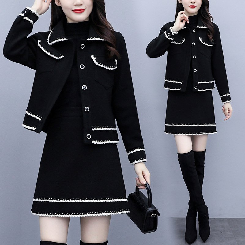セットアップ レディース 40代 秋冬 長袖チェスターコート 黒ショットスカート オシャレセットアッ