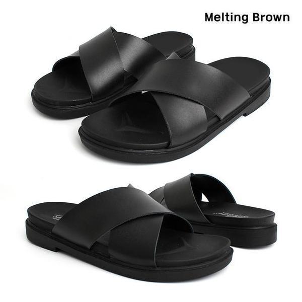 メンズオフィスシューズ 牛革 クロスストラップ スリッパ