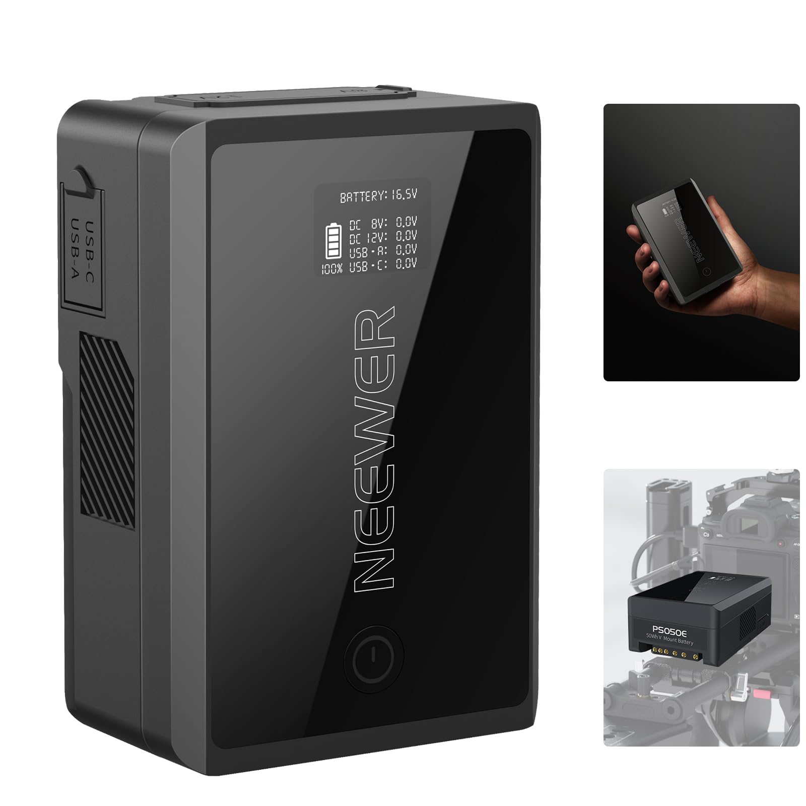 NEEWER ミニVマウントバッテリー ミニVロック電池 D Tap/USB C/USB A/BP/デュアル DC ポート/OLEDスクリーン付き 3450mAh 50Wh 14.54V 45W PD