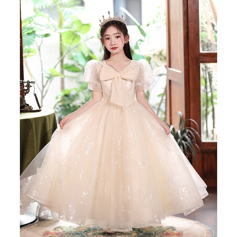 子供用ドレス2025妖精のバブルスリーブボウガーニッシュプリンセスドレスリトルガールピアノパフォーマンス服