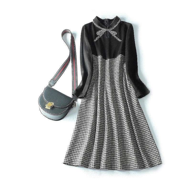 リボン フェミニン エレガント ギンガムチェック ビジュー 20代 長袖 上品 モノトーン 大人 ホワイト ガーリー フレアワンピ ブラック きれいめ 上品 チェック柄 ワンピース
