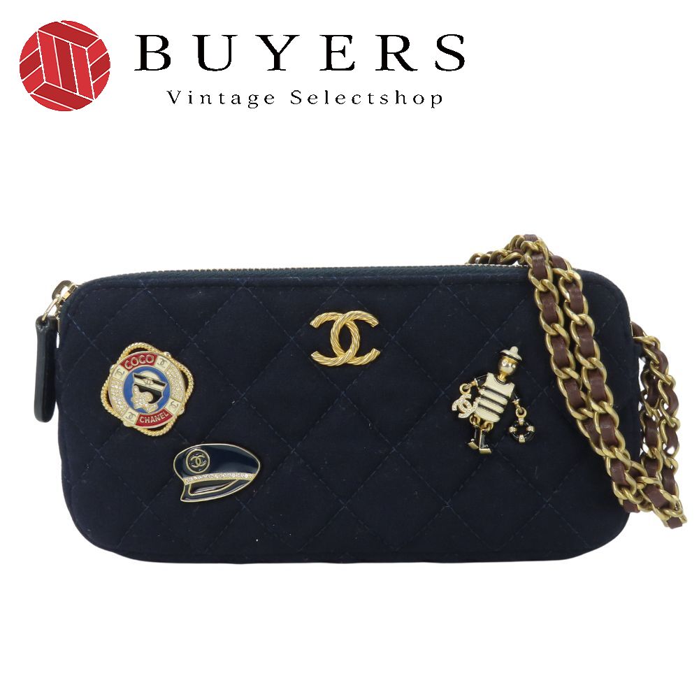 中古 ショルダーバッグ マリン コットン レザー ネイビー ゴールド金具 斜め掛け ポシェット チェーン レディース 女性