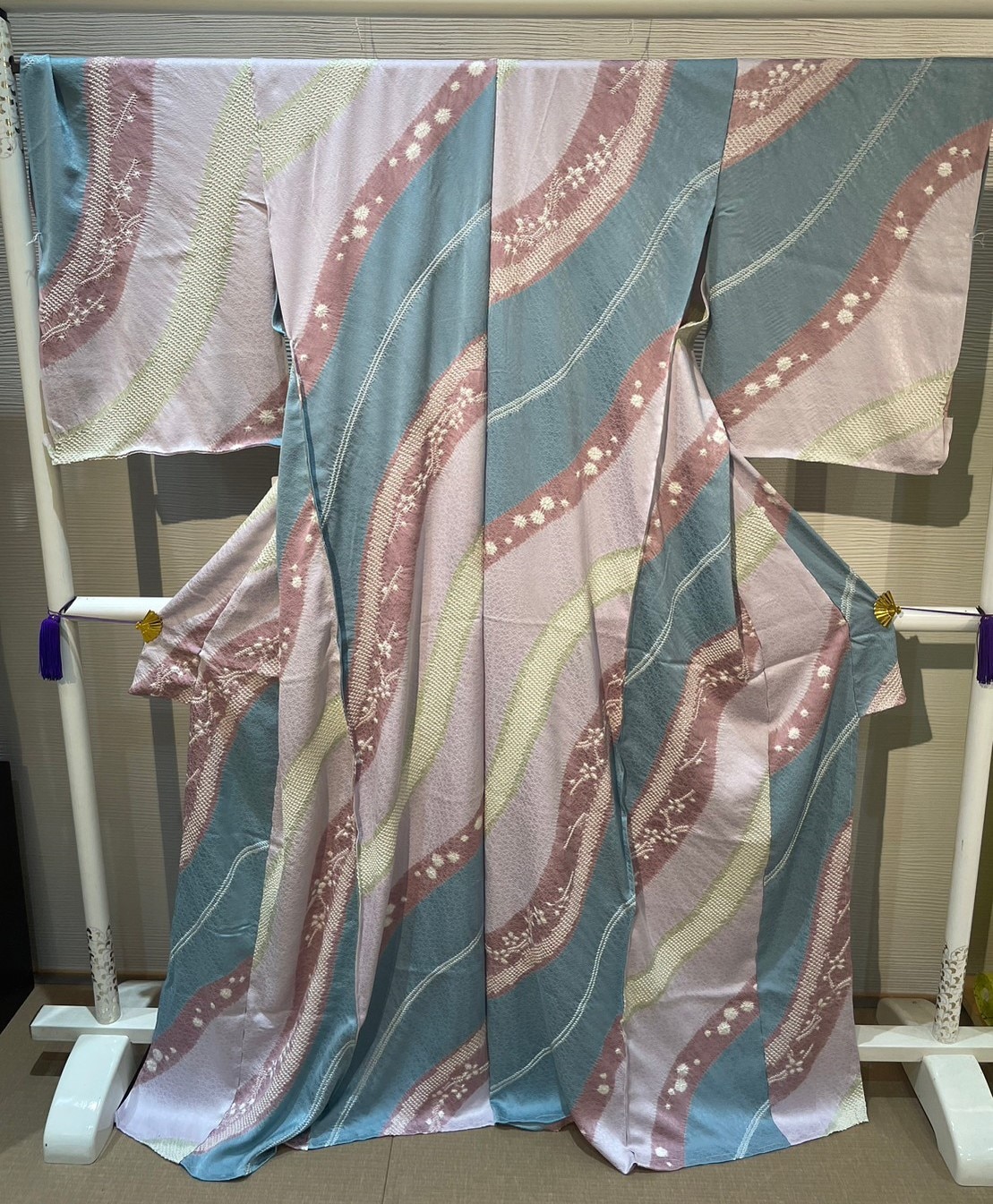 小紋 絞り ターコイズブルー水色薄紫黄緑 [komon007]