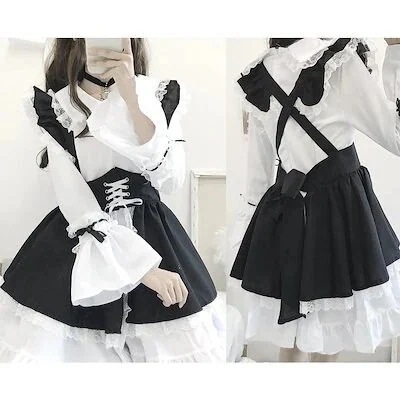 春新作 レディース 少女 メイド服 ３点セット(丸襟 長袖 蝶結び付き ワンピース+黒 レース チュ
