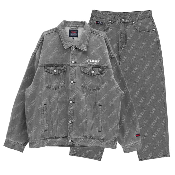 FUBU 上下セット デニム 長袖 メンズ 春秋冬用 黒 大きいサイズ フブ セットアップ デニムパンツ ブランドロゴ 筆記体 刺繍 ビッグシルエット 紐付き FUBU