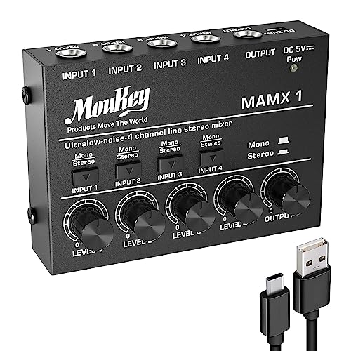 Moukey オーディオミキサー 4チャンネル usb DC 5V超低ノイズ サブミキシング用 ライ