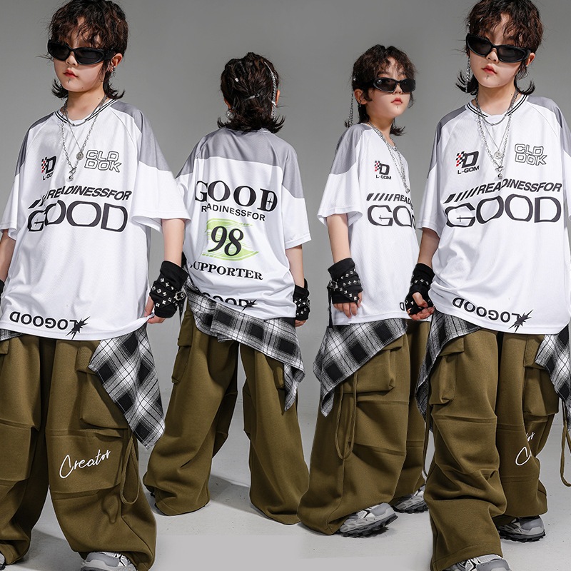 キッズヒップホップ半袖セット 男児 少儿街舞演出服 女児ワーカーパンツ