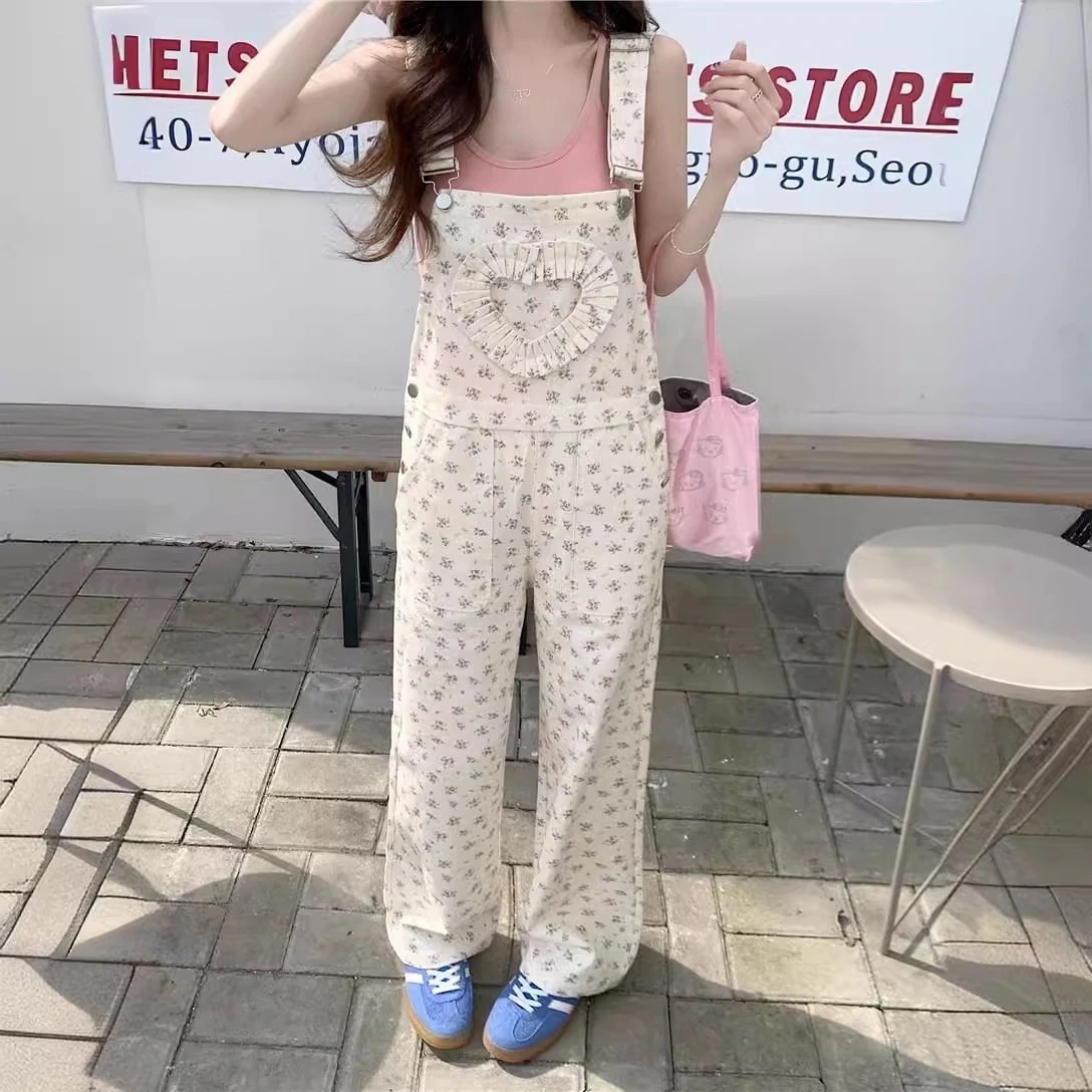 コーデ完成！サロペット 時短コーデ イチオシオールインワン 韓国ファッション 2024春服白花デニムバックパンツ女性ルーズワイドレッグストレートパンツ
