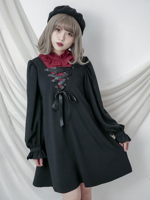 【全店任意2枚購入で100円OFF】ゴシックロリータOPドレス長袖クリスクロスロリータワンピース