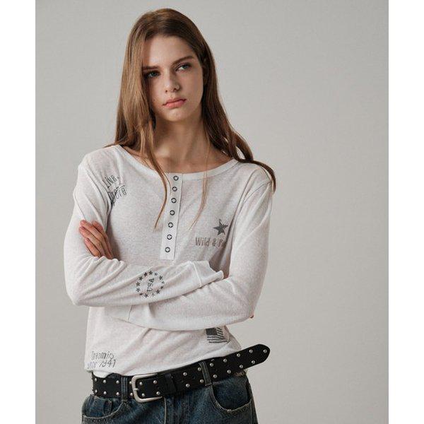 JR2TSF022 ホワイト 女性用リネンレタリングヘンリーネックTシャツ_SC