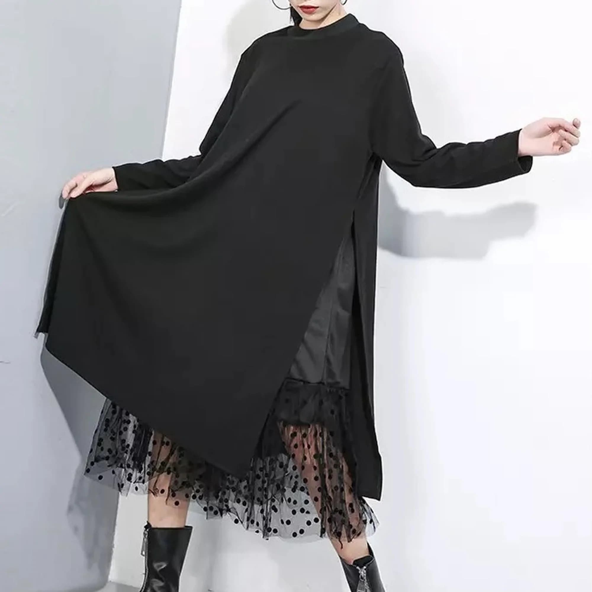個性 不規則 デザイン ドット チュール コットンワンピース 黒 かっこいいその他 ワンピース・ドレス