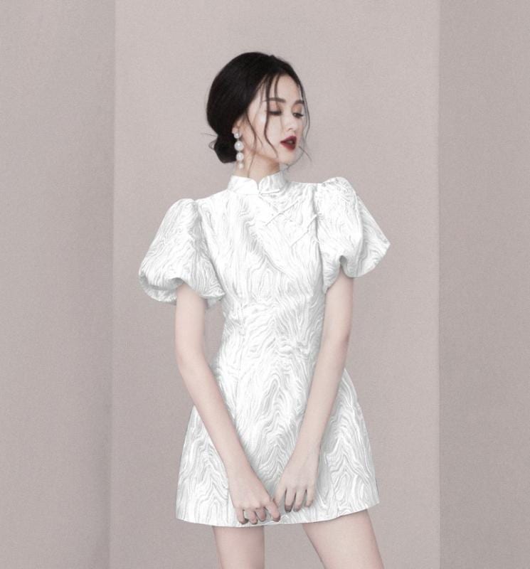 チャイナドレス レディース ワンピース レトロ パフスリーブ ク ボタン ジャカード 少女 ホワイト ブルー