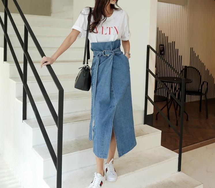 3204.ハイウエスト ロング丈デニムラップスカート（ブルー）2019 春夏 sale カジュアル 普段使い お出かけ