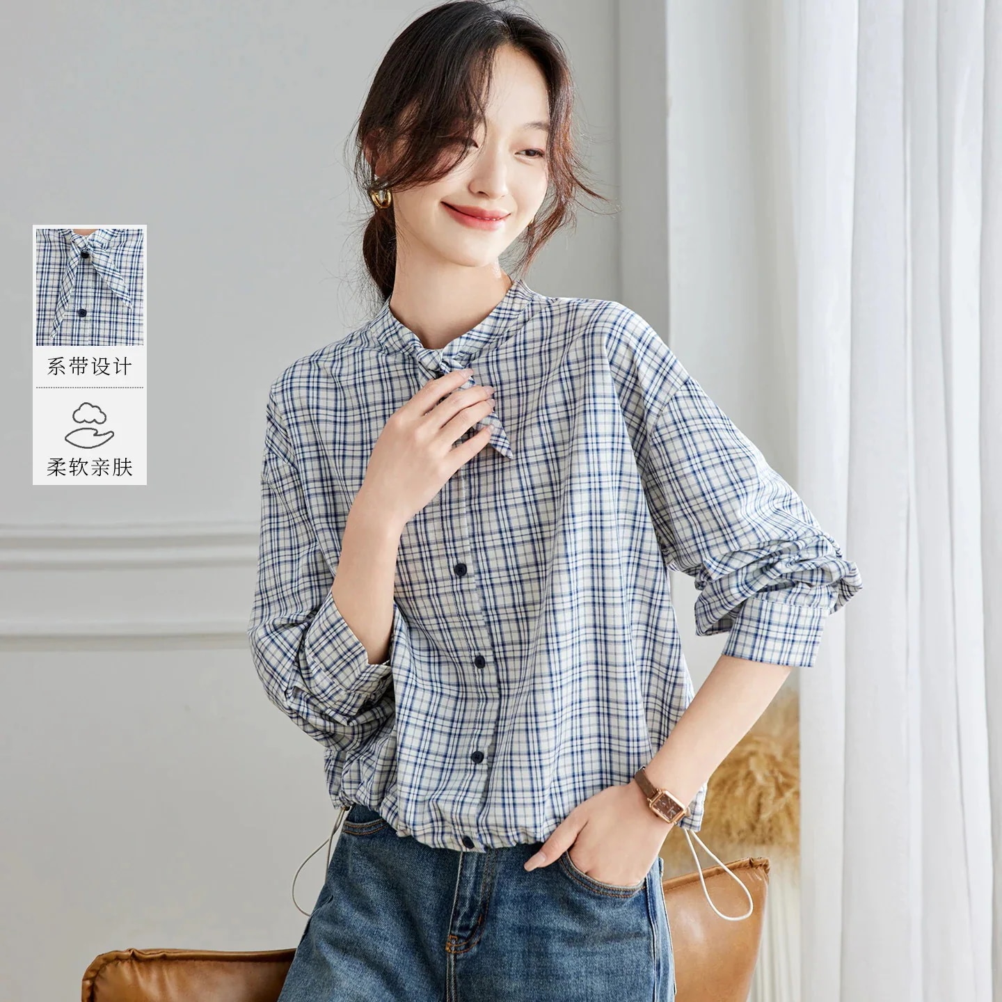 レディース2025春秋新作 ブラウス 長袖 シンプル通勤用小柄チェックシャツ レディース 【早割SALE！】蝶ネクタイ風チェック長袖シャツ