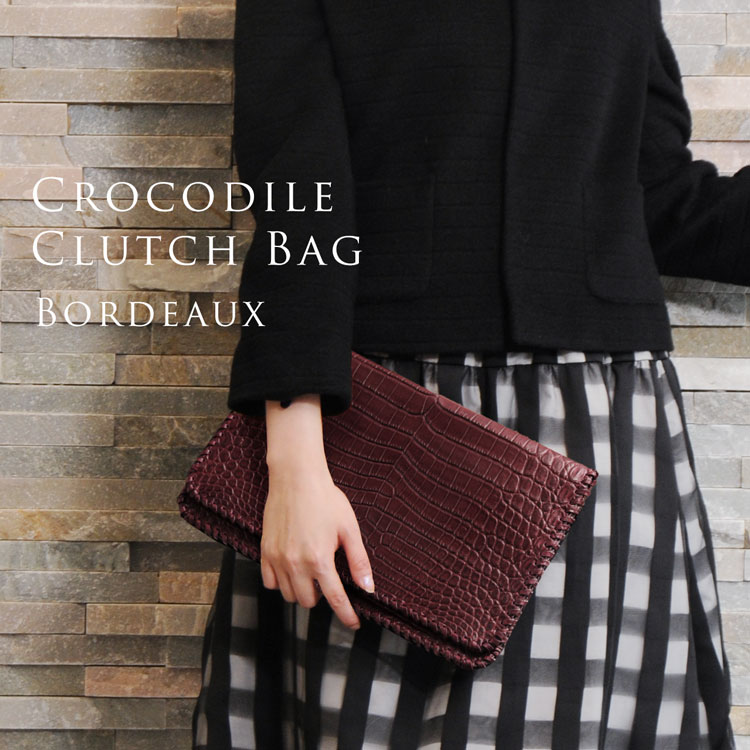 ヘンローン社製原皮使用クロコダイルクラッチバッグマット加工ボルドー/レディース『クロコ