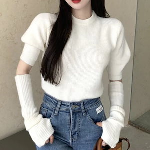 韓国カフェ　韓国ファッション　大人女性　プチプラ　アームウォーマー付き パフスリーブ 薄手ニット　レディース　20代コーデ　30代コーデ