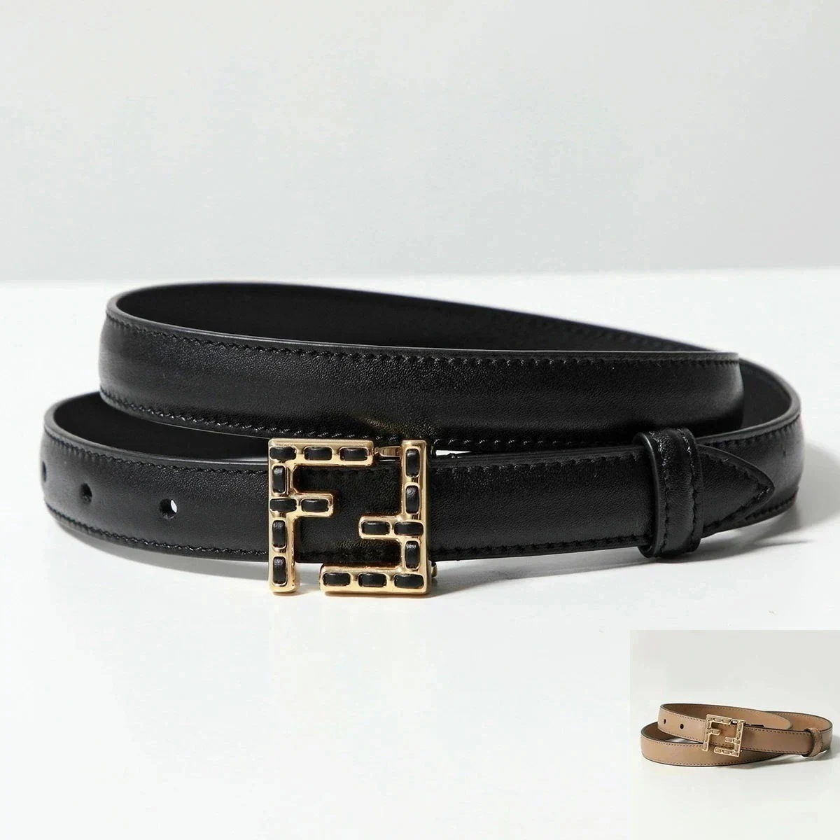 FENDI フェンディ FFベルト 8C0648 ASUP レディース レザー ナローベルト ステッチ FF柄 ズッカ カラー2色 8C0648ASUPF0KU