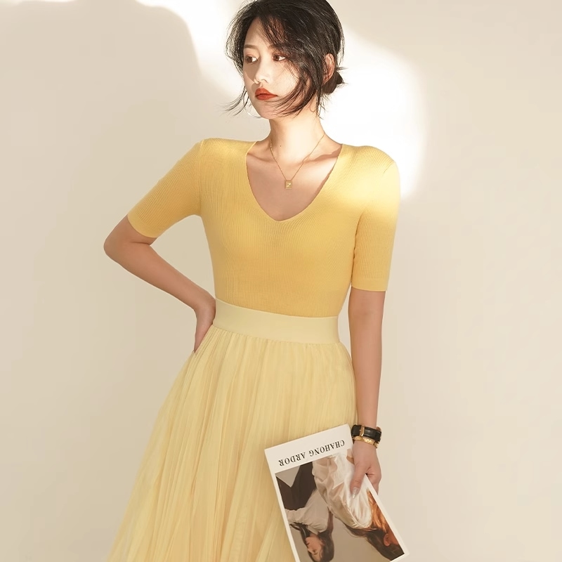 薄手 トップス サマー ドレス V ネック 春 秋 ウール ニット 半袖 トップス ニットソー 袖あり 半袖 5分袖 五分袖 Vネック Uネック 襟なし 大人可愛い きれいめ シンプル カジュアル