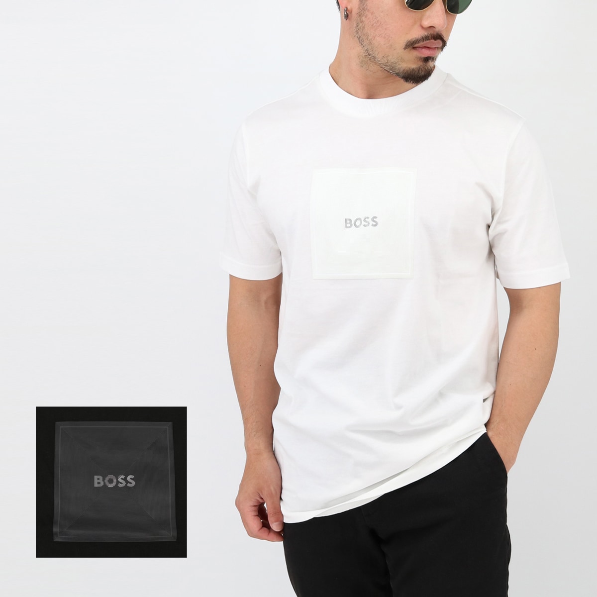 BOSSコレクション 50538096 細線ロゴアートワーク入りコットンジャージーTシャツ トップス 半袖 ロゴ SS TEE クルーネック ロゴT 白T カット
