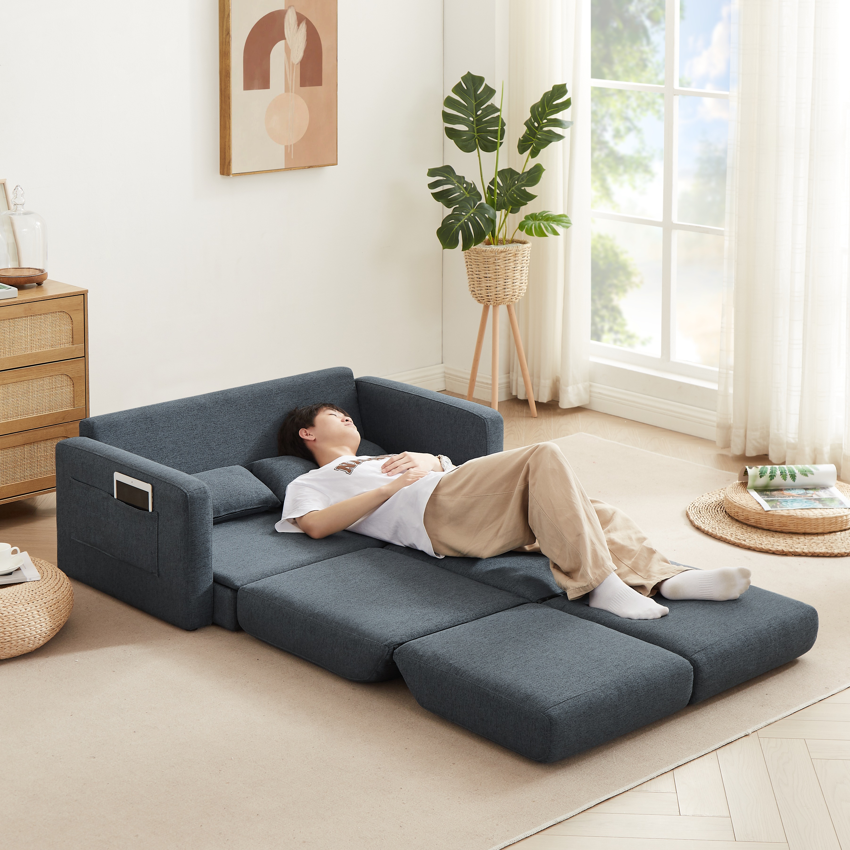 【大好評！最安値挑戦!】2 seater sofa ソファ 2人掛け 収納付き ファブリック 両側に肘掛け付き 木脚外し可能 ローソファ コンパクト ひとり暮らし カウチソファーGG9388 Blue
