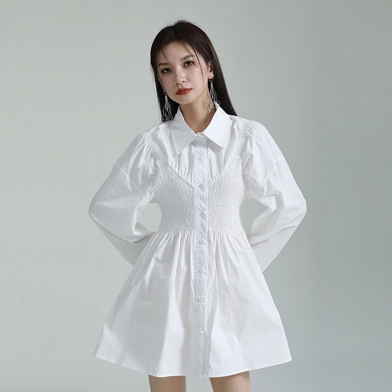 【J.Fashion】 初春 ショートワンピース Aライン ウエスト引き締め シャツワンピース 長袖 レディースワンピース 体型カバー 日焼け止め メガ割30%までに制限