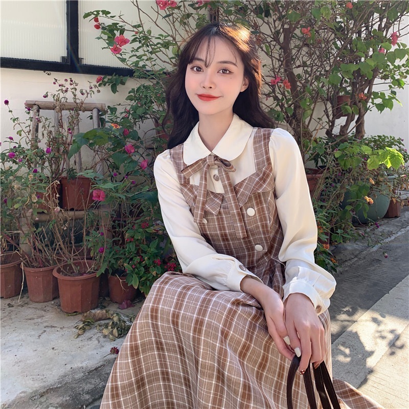 レトロチェックワンピース プラスサイズ 秋冬カジュアルワンピース クラシカルコーデ フェイクツーピース スカート ワンピース オールインワン ロングスカート フレアスカート 膝下 ロング ロング丈