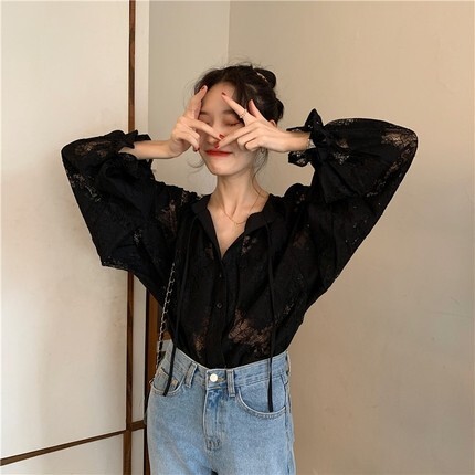トップス シャツ ブラウス 袖あり 長袖 ドロップショルダー 襟付き シャツカラー ボタン オーバーサイズ ビッグシルエット 美ライン レース 刺繍 前開き 透け感 かわいい 大人可愛い きれいめ