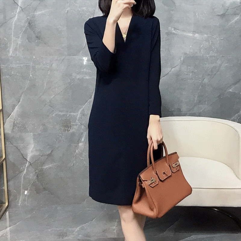 ワンピース 膝上 袖あり 9分丈 Vネック ストレート ポリエステル 大人可愛い きれいめ 紺 シンプル 大人 上品 おしゃれ レトロ 大人女子 ラフ 無地 春 夏 秋 入学式 入園式 卒業式 卒園式