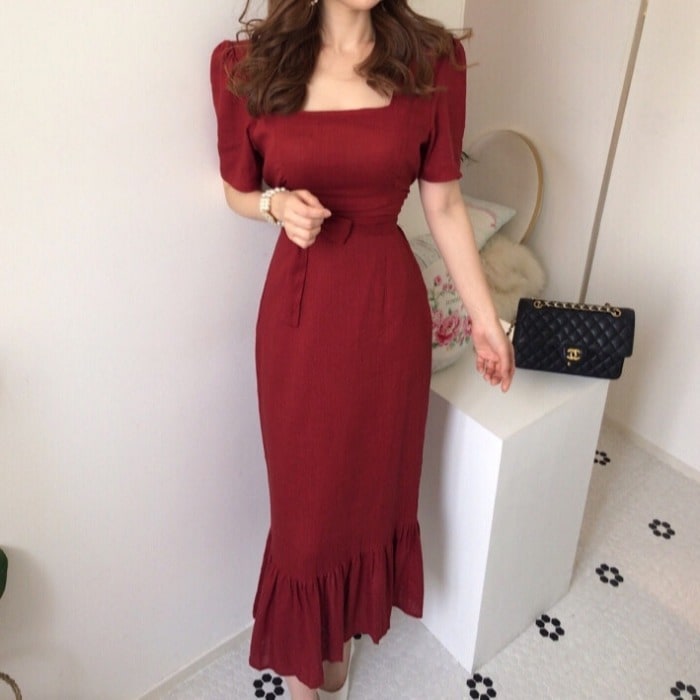 ワンピース マーメイドワンピース ロングワンピース ロング丈 ミモレ丈 スクエアネック 半袖