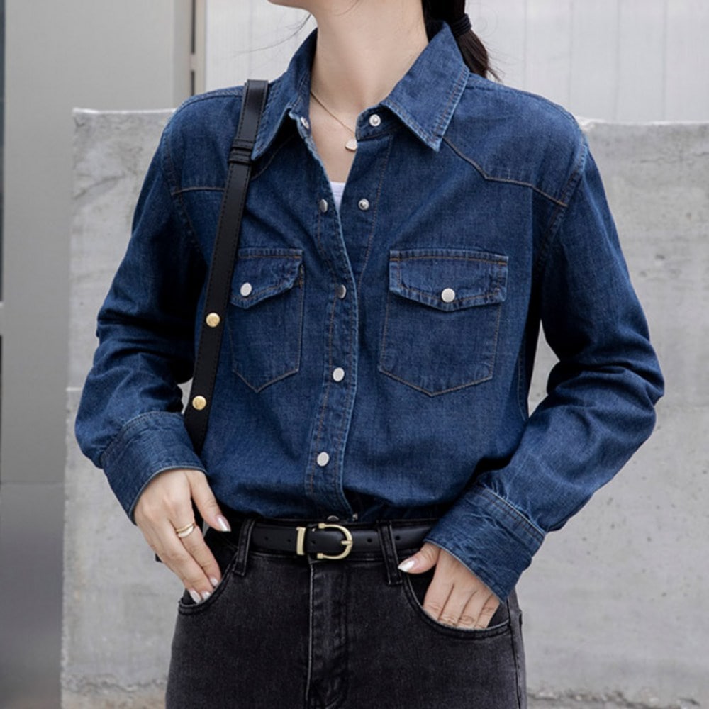 ミューリエルレディースフロントポケットポイントチョンデニムシャツ
