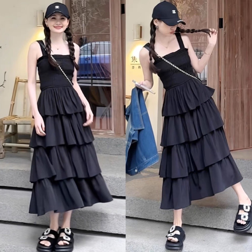 ティアードワンピース サスペンダーワンピース ティアードスカート ワンピース ドレス フレンチワンピース キャミソールワンピース サマードレス レディース スクエアカラー ブラックワンピ a4971