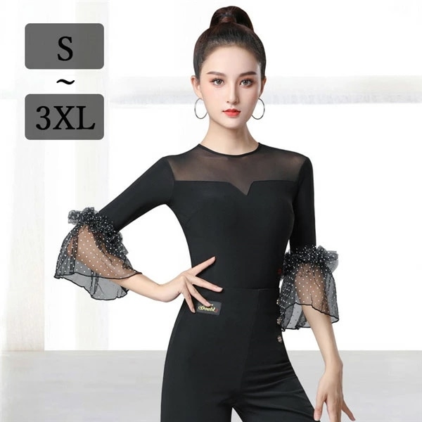 新商品登場トップス レディース 社交ダンス ダンストップス ダンスウェア 袖あり 五分袖 アンブレラスリーブ 透け感 社交ダンス衣装 上着 競技着 モダン ラテンダンス用上着 ダンス衣装 上着 ダンス