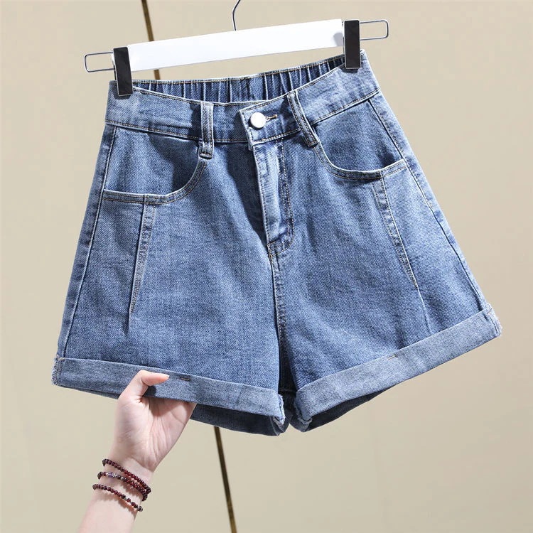 ハイウエストのロールアップスモーキーグレーデニムショートパンツ新しい夏のスタイルゆったりとしたフィット感伸縮性のあるAラインワイドレッグ伸縮性ホットパンツ