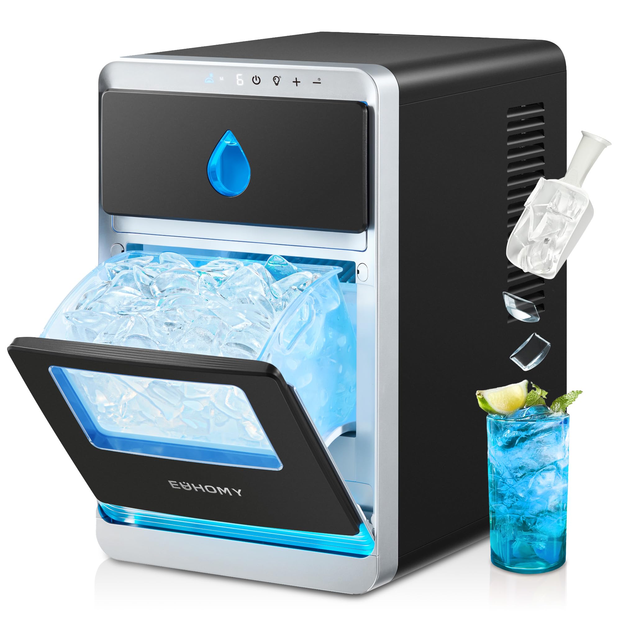 EUHOMY 【三日月氷 製氷機】 家庭用 12分16個 氷の厚さ調節可能 タイマー機能 LEDインジケーター 42dB静音性 1.8L大容量水タンク 自動洗浄機能 可視透明窓 小型 ミニ製氷機 取り