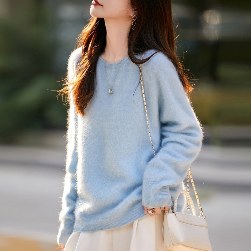 起毛カシミアラウンドネックプルオーバーセーター（レディース）秋冬ピュアウールリラックススタイルルーズフィットニットウェア